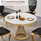 GlyphForm 47" Round Faux Marble Dining Table for 4 to 6, Luxury Modern White Kitchen Table with Gold Stainless Steel Spiral Base Frame, easy to clean Heavy Duty Dining Room Table for Home Office, MDF