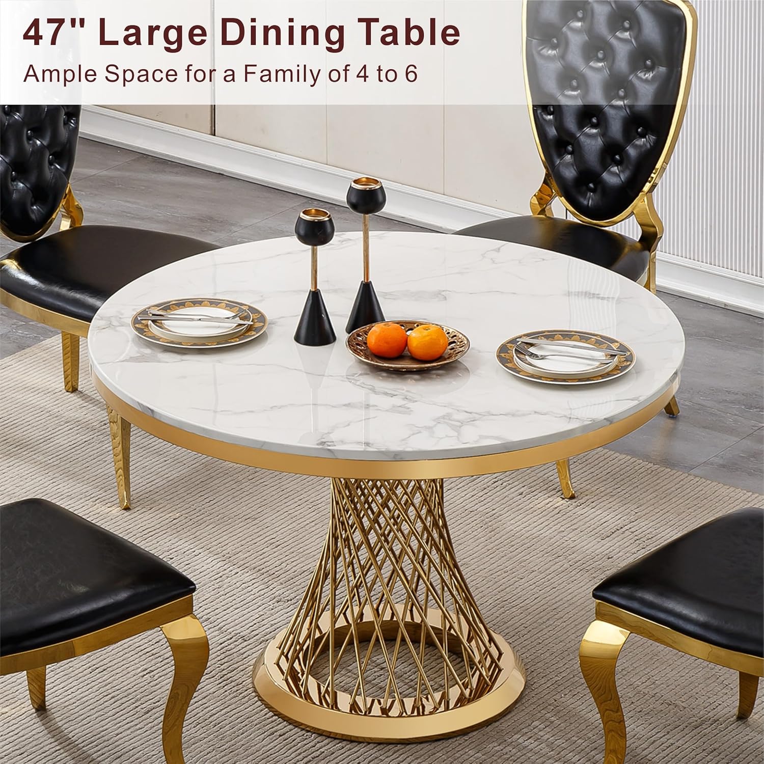GlyphForm 47" Round Faux Marble Dining Table for 4 to 6, Luxury Modern White Kitchen Table with Gold Stainless Steel Spiral Base Frame, easy to clean Heavy Duty Dining Room Table for Home Office, MDF