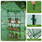 Outvita Walk-in Greenhouse, Outdoor Durable PE Plant Green House for Frost Protection with 3 Tiers 8 Shelves, Shelf Clips, Roll-up Zipper Door, 56"x56"x77" Green