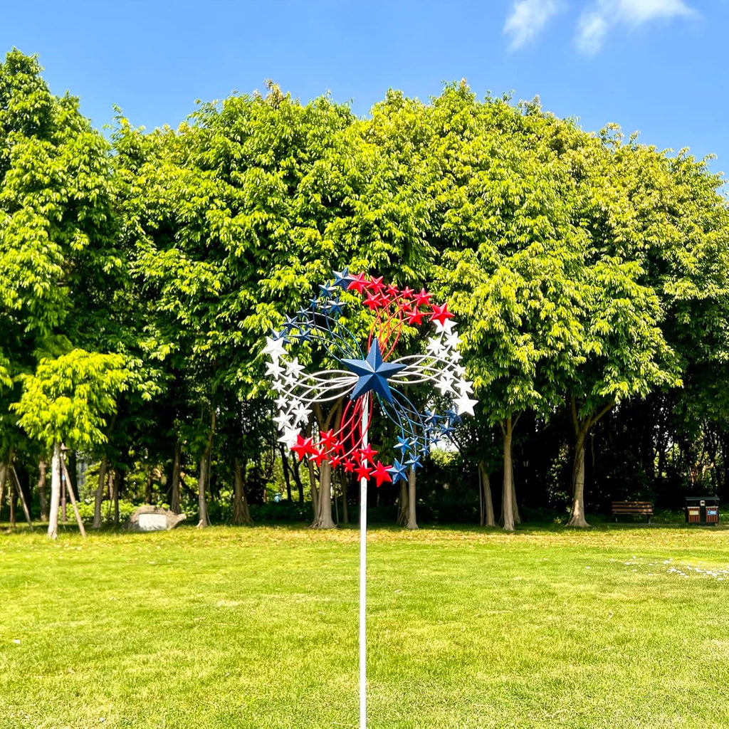 47.3” Red White & Blue Patriotic Wind Spinner – Star Design American Flag Spinner Outdoor – Metal Garden Spinners for Yard, Lawn & Patio Decor