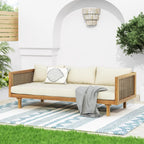 Merax Outdoor Acacia Wood Conversation Set - Patio 3-Seat Loveseat Sofa w/Coushion and Round Coffee Table for Backyard, Lawn, Balcony, Teak+Beige