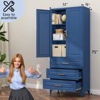 75" Metal Pantry Storage Cabinet with 3 Drawers, Blue | Sturdy SPCC Steel, Gold Handles, Adjustable Shelves,Anti-Tipping Kit, Leveling Feet, Easy Assembly for Kitchen Pantry