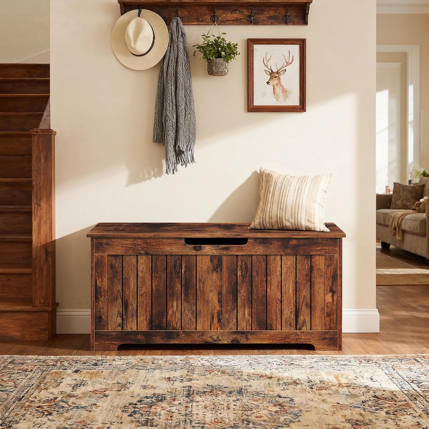 SUPER DEAL Storage Chest, 39 inches Chest Box Organizer with 2 Safety Hinges, Wooden Entryway Shoe Organizer Storage Bench, Rustic Brown