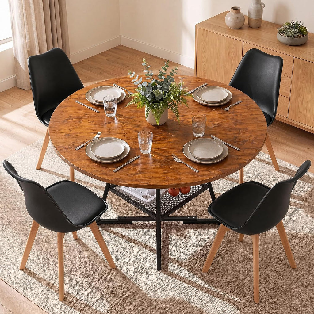 47in Round Dining Table Set for 4, Kitchen Table with Chairs | Circle Table, PU Leather, Metal Cross Base, Storage Shelf, Breakfast Nook, Space-Saving, Apartment, Living Room, Brown Black