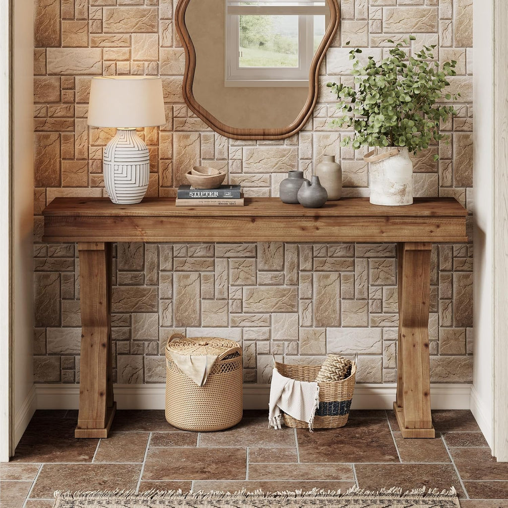 63-Inch Solid Wood Console Table, Farmhouse Entryway Table with X-Shaped Legs, Long Sofa Table for Living Room, Hallway, or Foyer, Easy Assembly, Anti-tip Kits