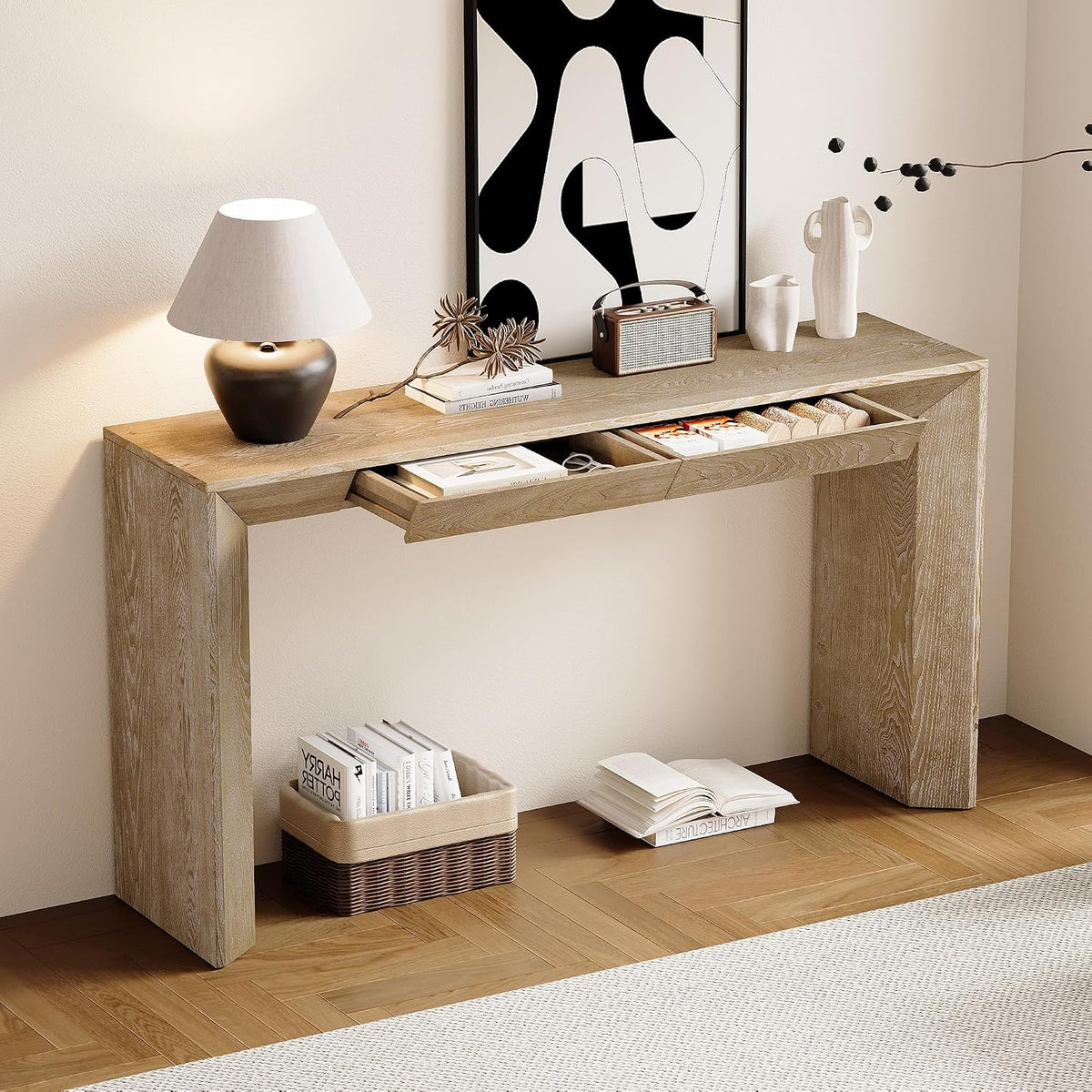 Merax Modern Entryway Table with 2 Concealed Drawers, Natural | Long Farmhouse Console Table with Thickened Legs, Sofa Table Behind Couch, Waterfall Design, for Living Room Hallway