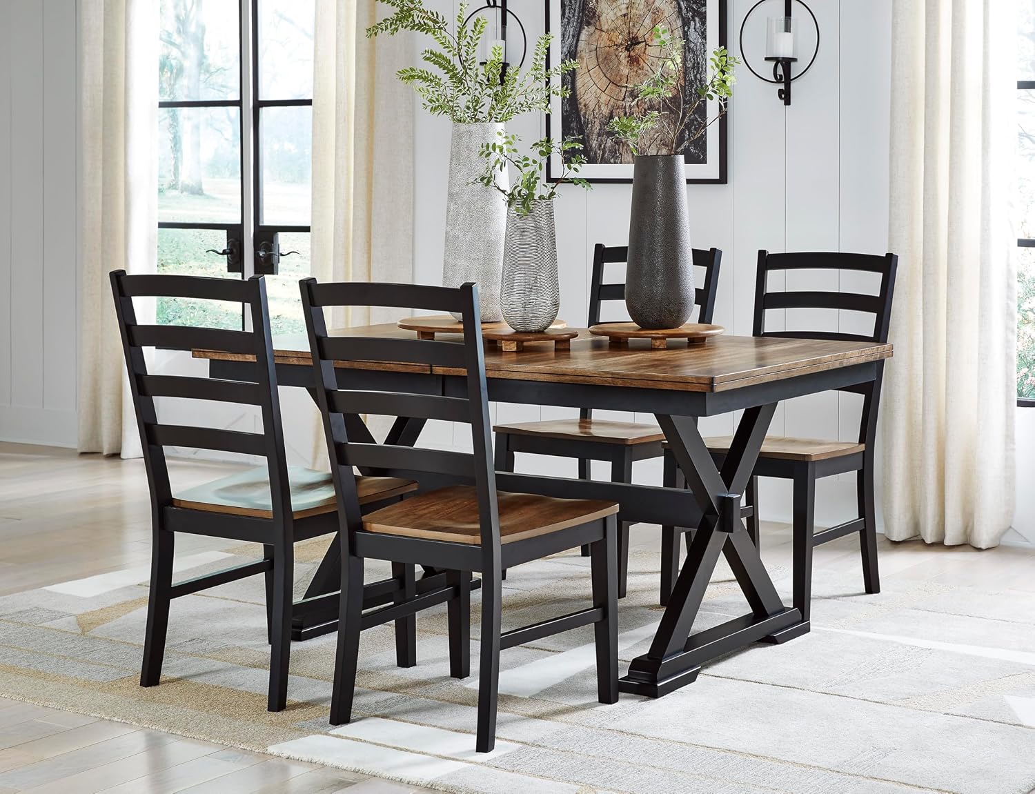 Signature Design by Ashley Wildenauer Dining Chairs Set of 2, Modern Ladderback Dining Chairs with Solid Wood Frame, Two-Tone Finish, Contoured Seat, Black/Brown | Solid wood frame, Mango veneer and MDF substrate seat, Modern ladderback, 250 lb capacity