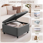 30" Large Square Ottoman with Storage, Fabric Ottoman Coffee Table, Grey | Tufted Upholstered Ottoman for Living Room, Oversized Square Storage Ottoman for Bedroom and Entryway, Solid Wood Frame