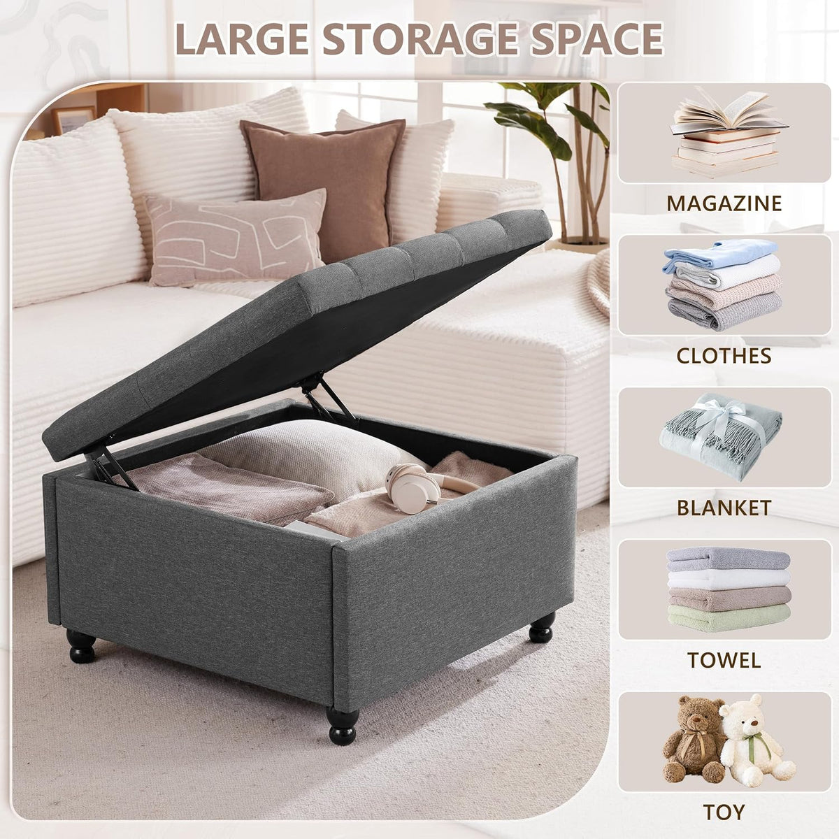 30" Large Square Ottoman with Storage, Fabric Ottoman Coffee Table, Grey | Tufted Upholstered Ottoman for Living Room, Oversized Square Storage Ottoman for Bedroom and Entryway, Solid Wood Frame