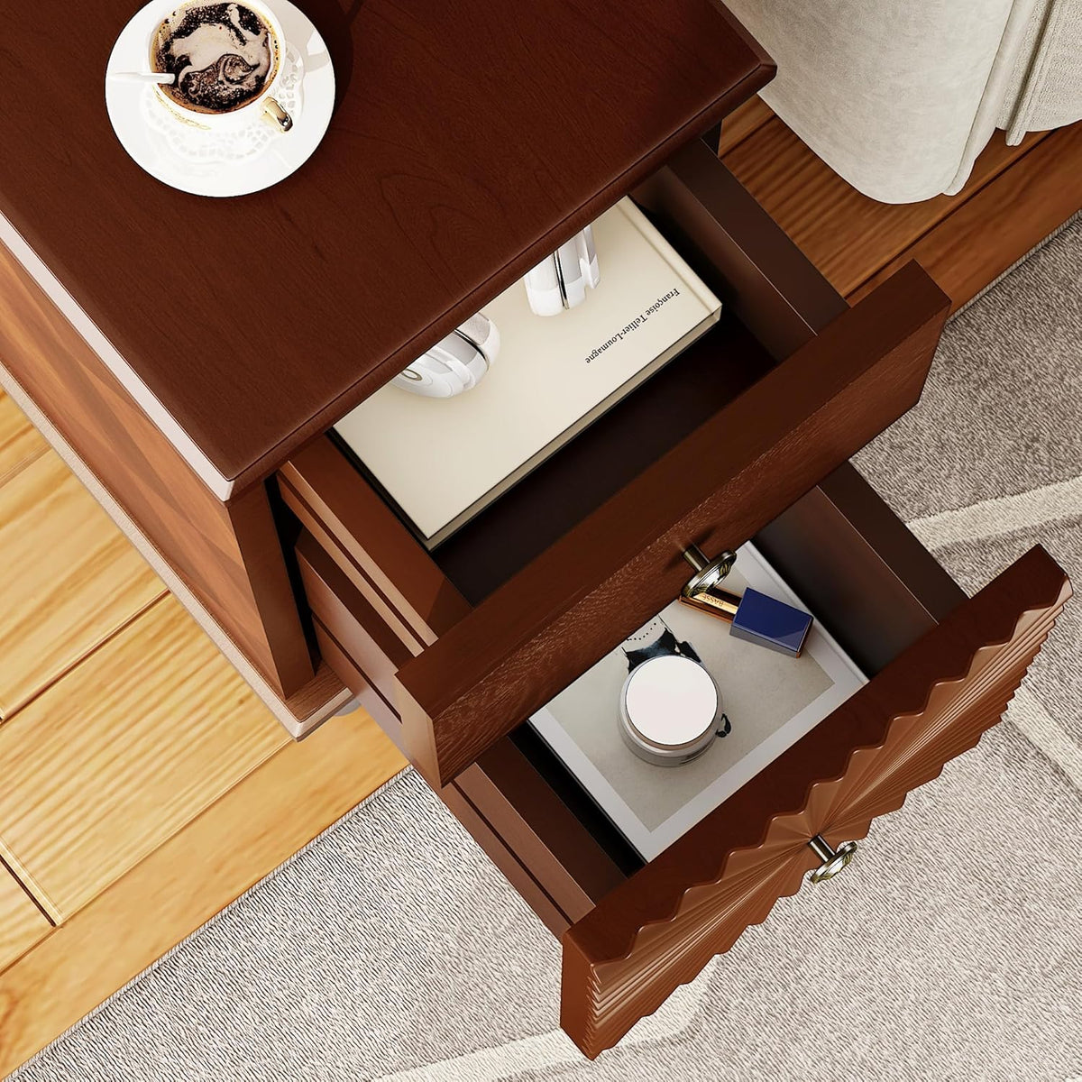 KEIKI Narrow End Table with USB Ports & Outlet, Wooden 2 Drawer Sofa Side Table, Small Corner Nightstand Bedside Tables, Coffee Drink Table for Living Room & Bedroom, Easy Assembly, Brown