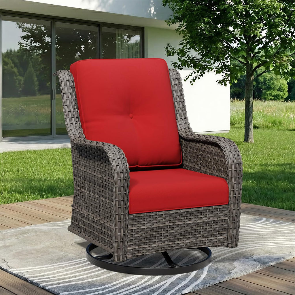 Outdoor Swivel Rocker Patio Chair - Outdoor Wicker Patio Furniture with Thickened Olefin Cushions, High Back and Deep Seating, Hand-Woven PE Rattan for Porch, Deck, Balcony, Red