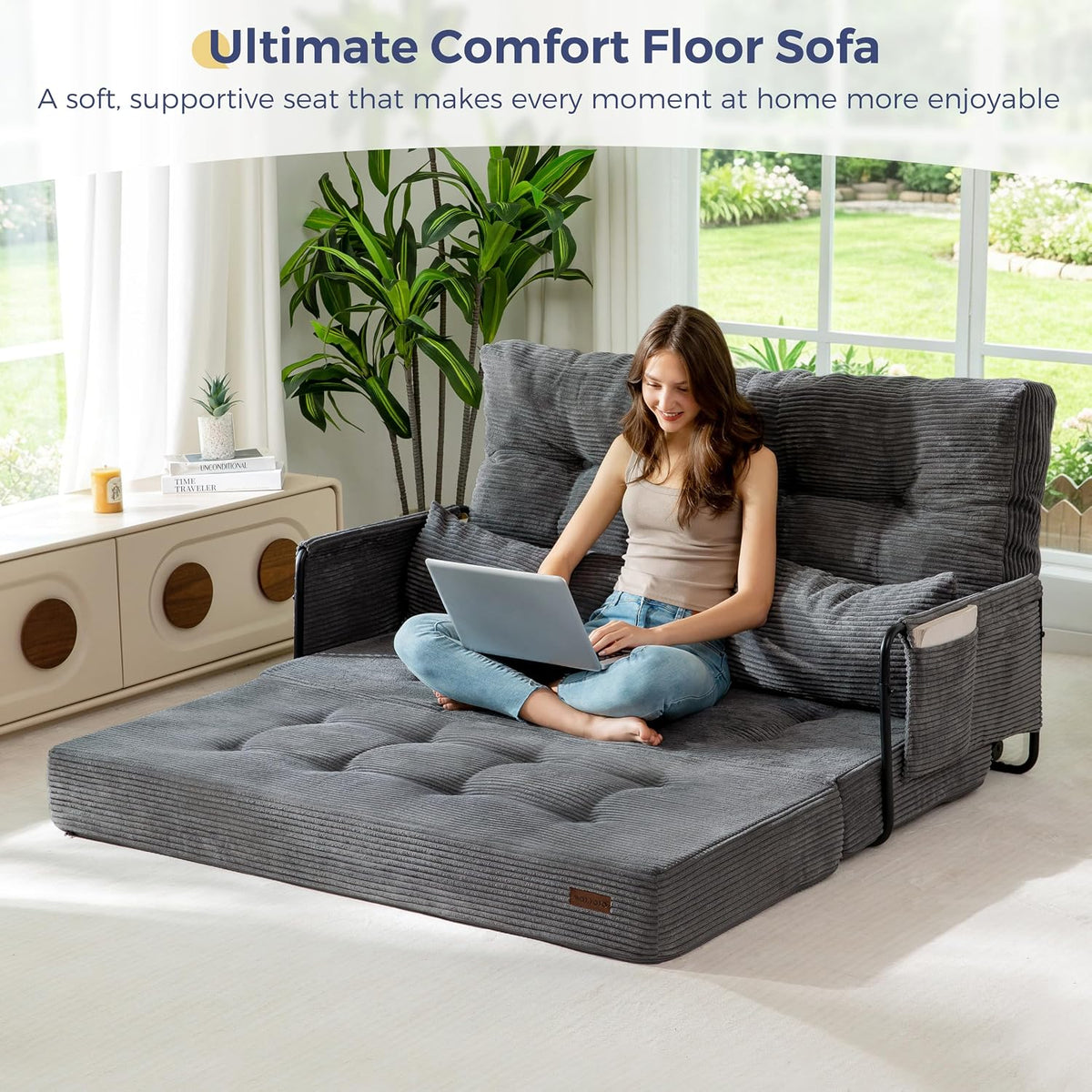 MAXYOYO Adjustable Folding Sofa Bed Couch with 2 Pillows, Dark Grey | Multi-Functional Bean Bag Bed, 5-Position Foldable Lazy Floor Sofa Bed with Armrest, Versatile Floor Seating for Reading