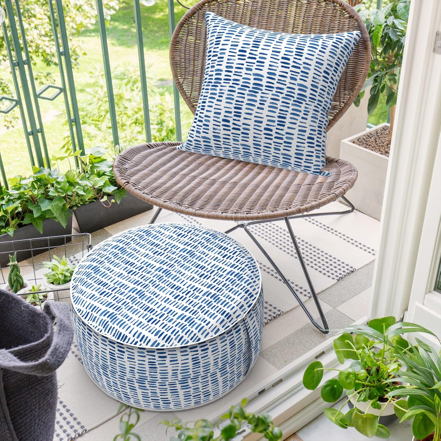 DYTXIII Inflatable Ottoman Stool D21 xH9 for Outdoor/Indoor Use, Water Repellent Patio Foot Rest Stool with Portable Handle,Round Pouf Ottoman Suitable for Garden,Deck and Camping - Pebble Blue