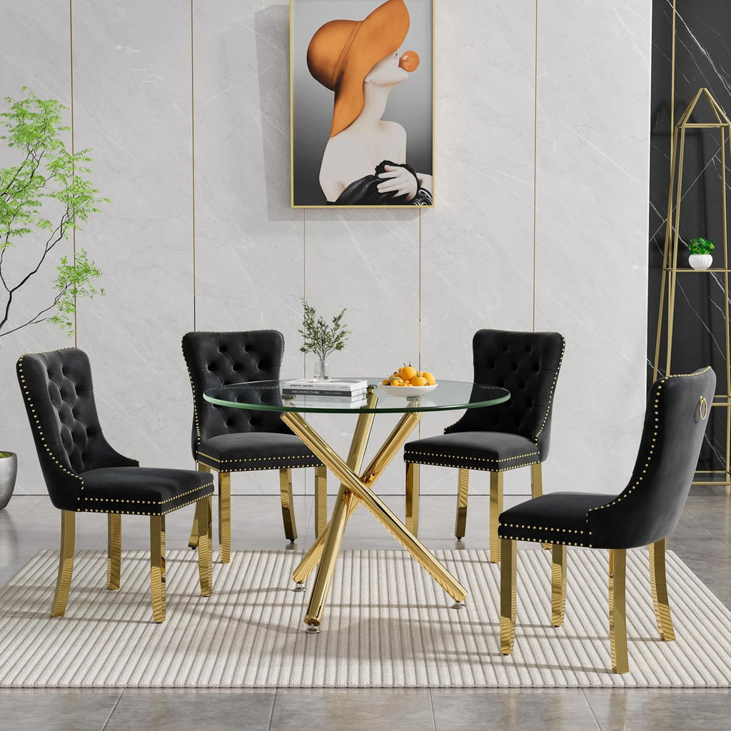 36" Luxury Gold Glass Dining Room Table Set for 4, 5-Piece Round Kitchen Dining Table Set with Cross Metal Legs and 4 Black Velvet Upholstered Chairs, Glass Kitchen Table & Chairs Set