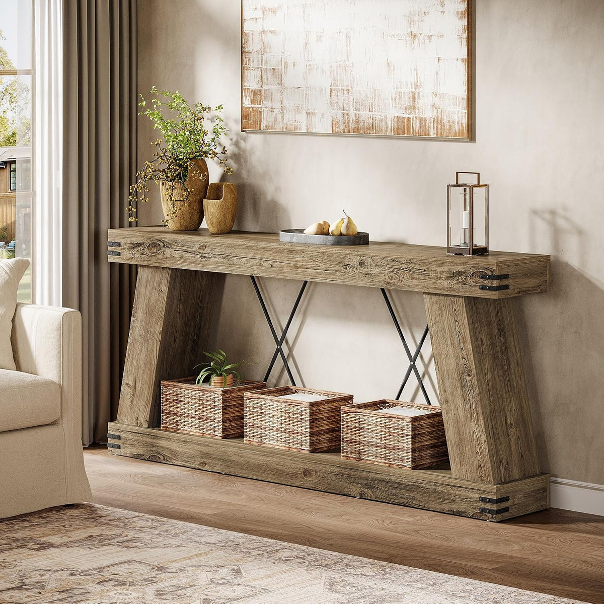 Tribesigns 70.87" Farmhouse Console Table with Storage (Light Brown Oak) | Narrow Sofa Table Behind Couch with Shelf, Rustic Entryway Table for Hallway, Living Room, Foyer, Entrance