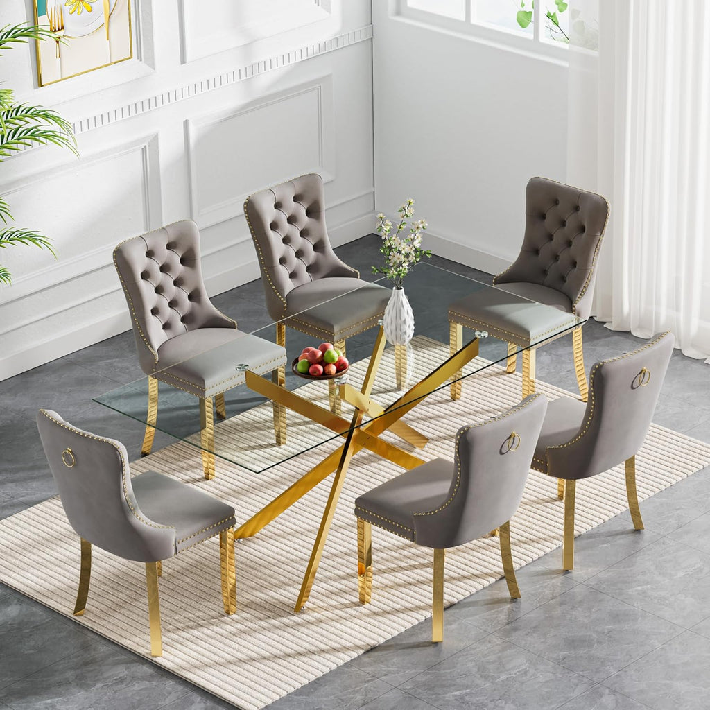 61" Modern Dining Table Set for 6, Rectangular Tempered Glass Dining Table and 6 Grey Velvet Dining Chairs, Luxury 7 Piece Kitchen Dining Room Tables Set with Gold Chrome Metal X-Base