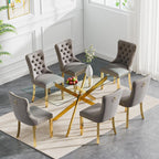 61" Modern Dining Table Set for 6, Rectangular Tempered Glass Dining Table and 6 Grey Velvet Dining Chairs, Luxury 7 Piece Kitchen Dining Room Tables Set with Gold Chrome Metal X-Base