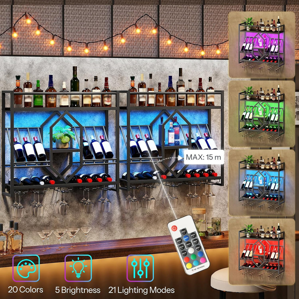 HOOBRO Wall Mounted Wine Rack with LED Light, 31.5" Wine Shelf, 3 Tier Wine Bottle Display Shelf with Glass Holder, Hanging Bar Liquor Storage Rack, for Kitchen, Bar, Black BB73DBJ01