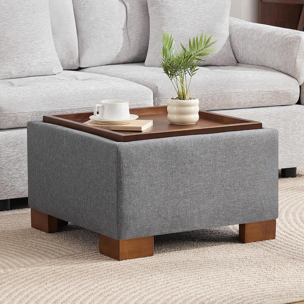 WUTUTUEE 24" Square Ottoman Coffee Table with Storage, Fabric Ottomans with Tray and Solid Wood Legs for Living Room, Bedroom and Apartments, Small Modern Ottoman Tea Table with Lift-Off Lid, Grey