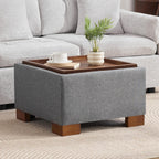 WUTUTUEE 24" Square Ottoman Coffee Table with Storage, Fabric Ottomans with Tray and Solid Wood Legs for Living Room, Bedroom and Apartments, Small Modern Ottoman Tea Table with Lift-Off Lid, Grey
