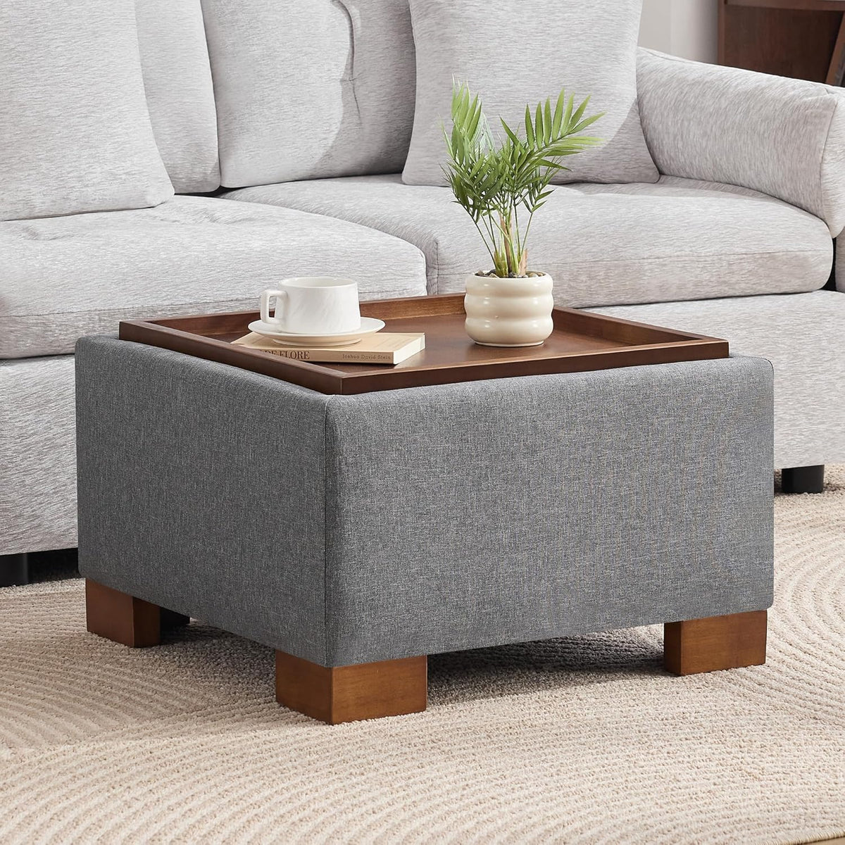 WUTUTUEE 24" Square Ottoman Coffee Table with Storage, Fabric Ottomans with Tray and Solid Wood Legs for Living Room, Bedroom and Apartments, Small Modern Ottoman Tea Table with Lift-Off Lid, Grey