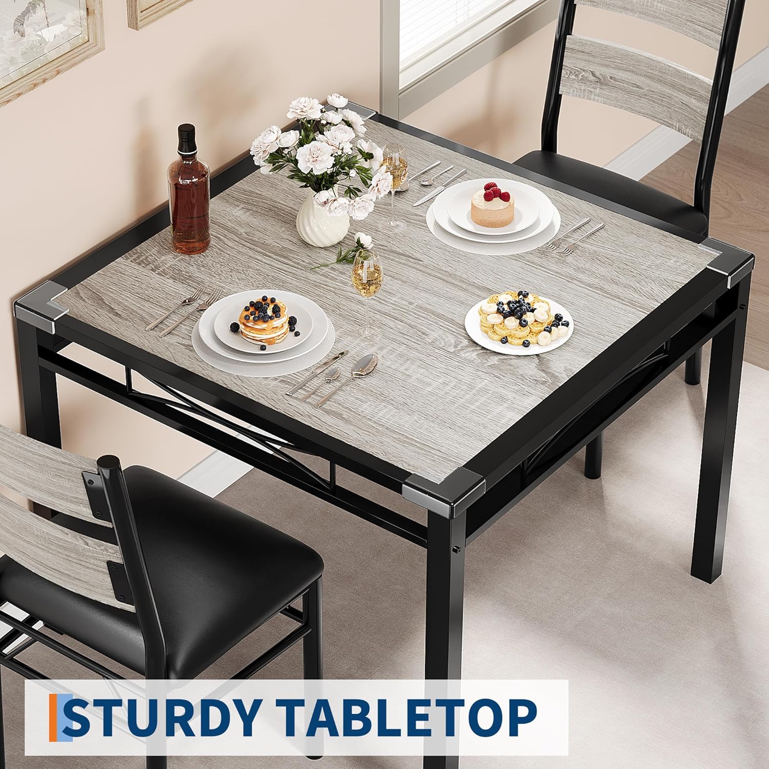 IDEALHOUSE Dining Table Set for 2 with Corner Protector, Kitchen Table Chairs Set of 2 w/Upholstered Chairs, Wood Dining Room Table Set for 2, for Dining Room, Apartment, Retro Gray