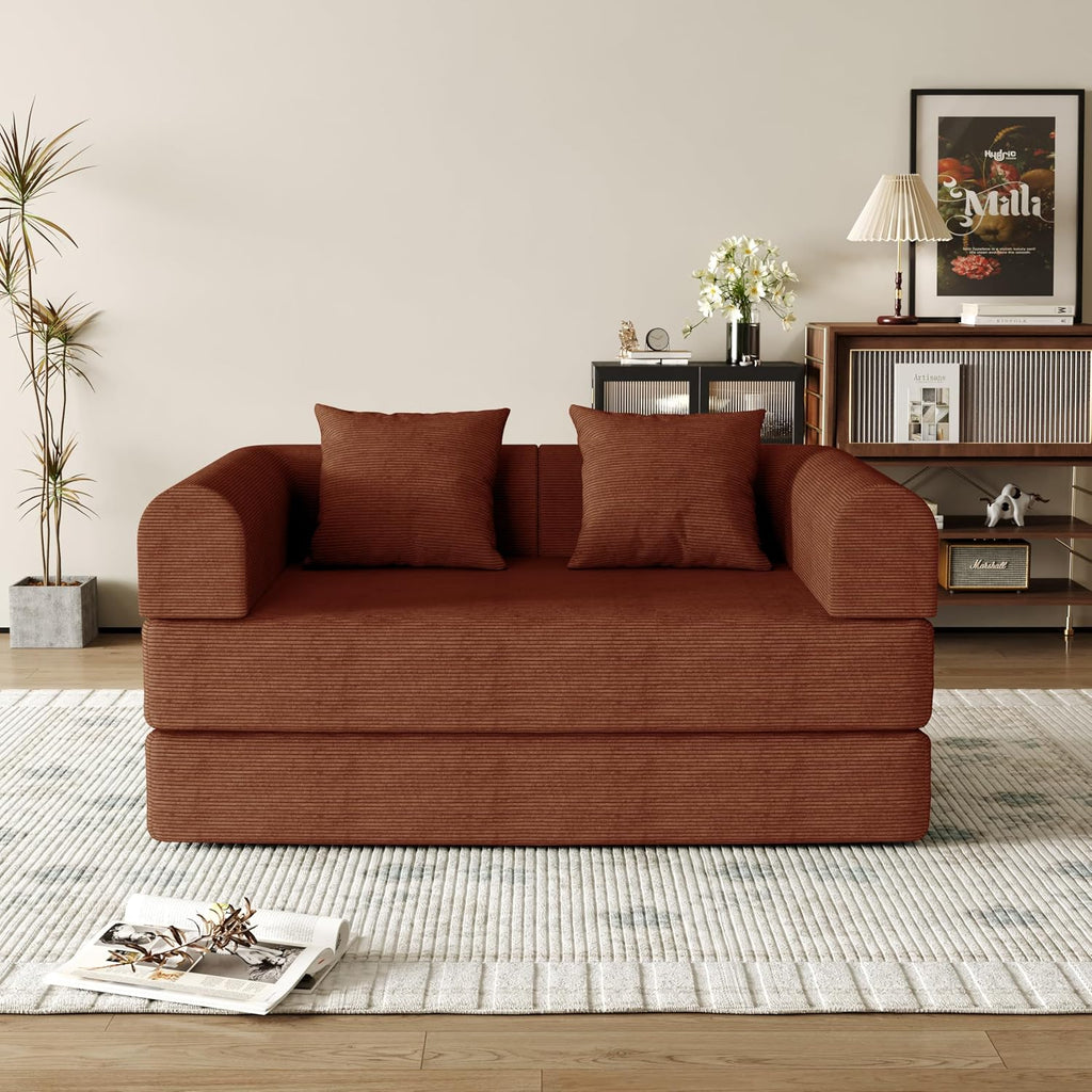 53.15'' Convertible Compressed Corduroy Folding Cloud Sofa Bed, Modern Pull Out Loveseat Sleeper in a Box, 4 in 1 Floor Mattress Futon Cloud Couch, No Assembly Needed, Orange, Pillows, Full