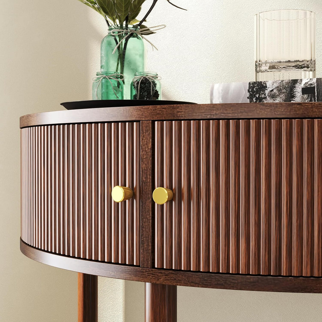 Knocbel Half Moon Console Table with Wave-Pattern Door, Semi-Circle Sofa End Table with 2 Storage Drawers and Bottom Shelf for Entryway Living Room, 31.5" W x 15.75" D x 32.3" H, Brown