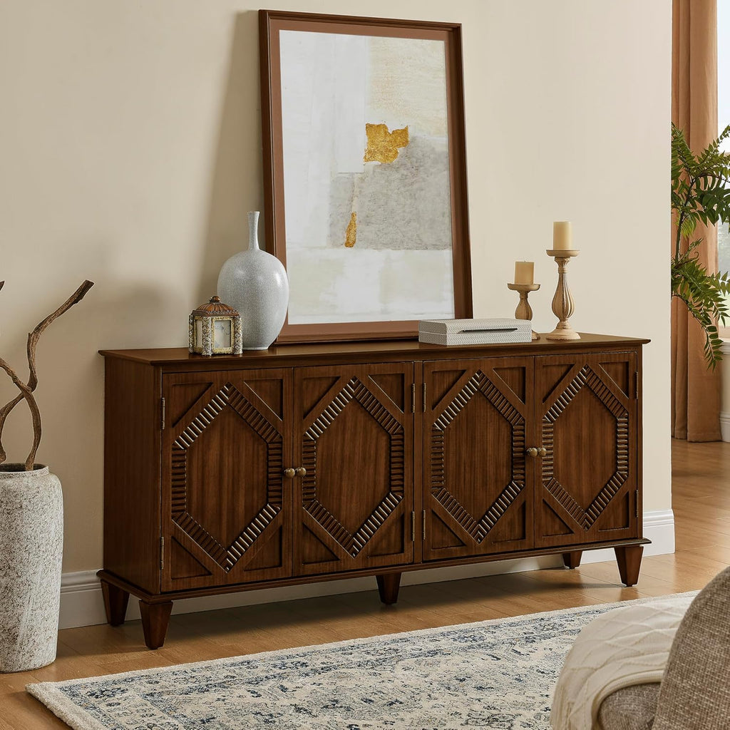 KEIKI 65.2" Mid Century Modern Sideboard Buffet Cabinet with Storage, Walnut Credenza Console Table with Adjustable Shelf, Farmhouse Coffee Bar Wine Cabinet for Living Room, Entryway, Kitchen, Walnut