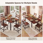 HUAHUU 7-Piece Dining Table Set for 6, 63" Extendable Kitchen Table with Curved Backrest Chairs, Dining Room Table with Solid Metal Frame & MDF Board, Easy Assembly, Walnut