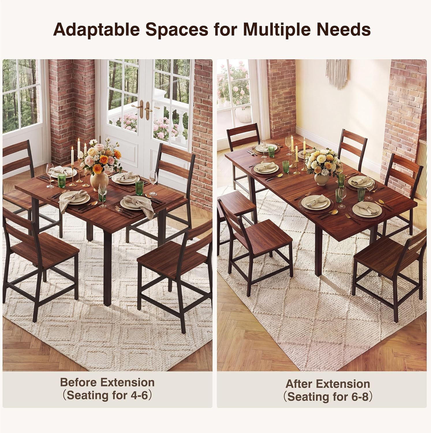 HUAHUU 7-Piece Dining Table Set for 6, 63" Extendable Kitchen Table with Curved Backrest Chairs, Dining Room Table with Solid Metal Frame & MDF Board, Easy Assembly, Walnut