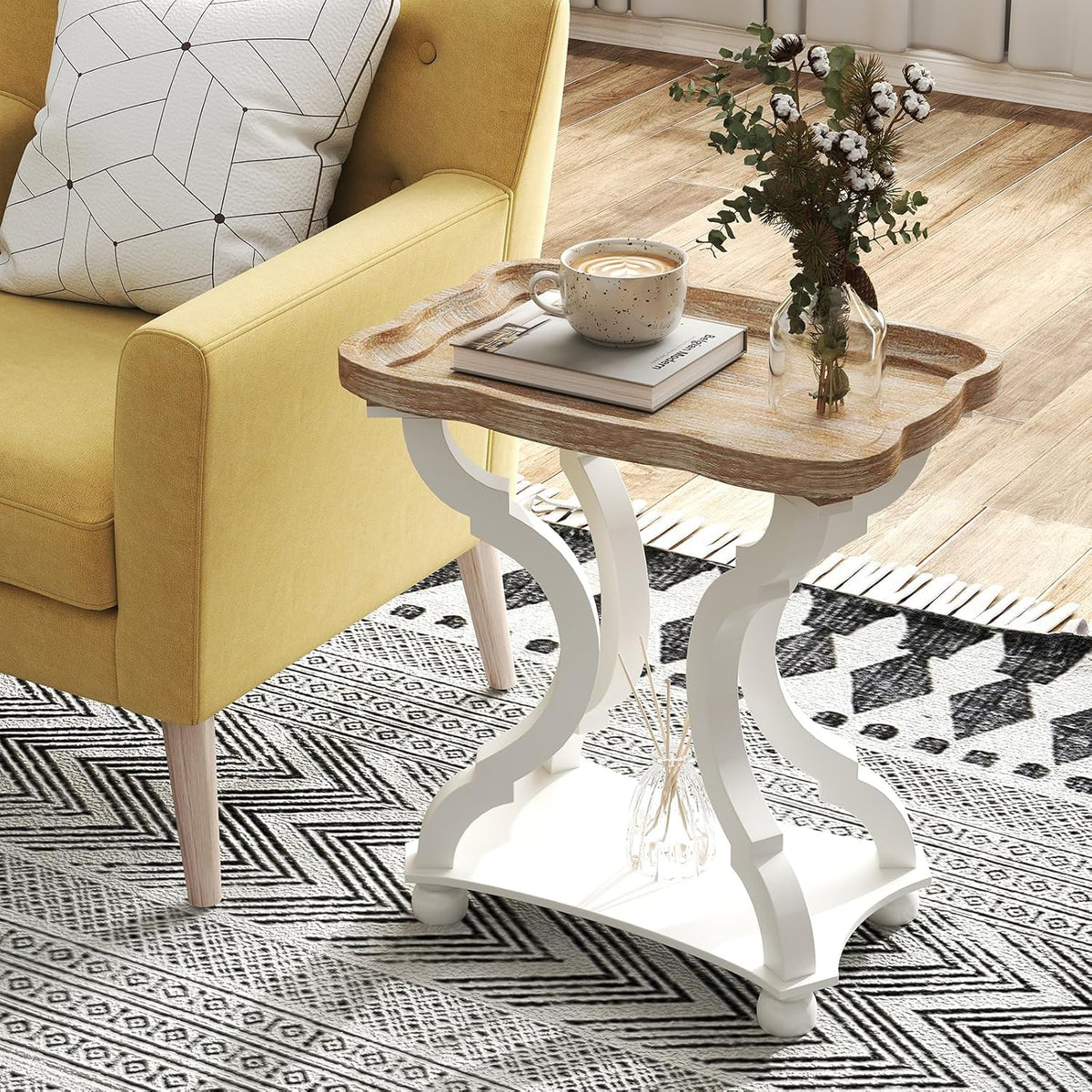 kinbor Farmhouse Side Table - Rustic End Table with an Open Shelf & Raised Edge, Accent Table with Distressed White Finish and Solid Wood Legs - Perfect for Living Room, Bedroom, Entryway, White