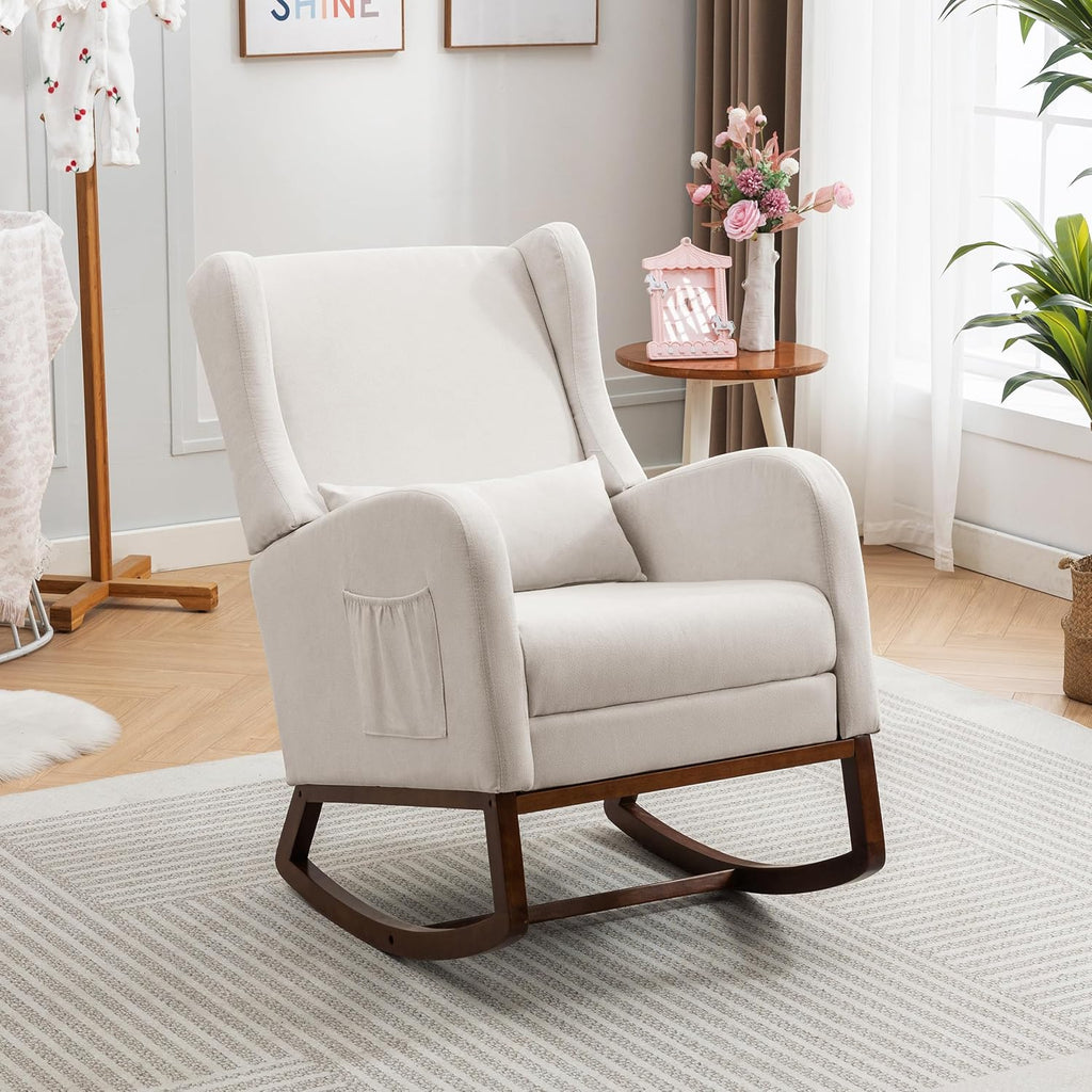 Nursery Rocking Chair, Glider Rocker Indoor with Footrest, Beige | High Back Nursing Chair with Side Pocket, Upholstered Thick Foam Glider Chair with Rubberwood Base for Living Room Bedroom