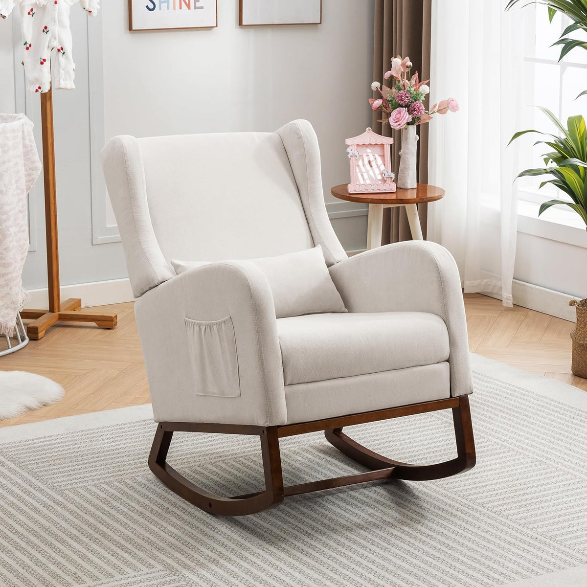 Nursery Rocking Chair, Glider Rocker Indoor with Footrest, Beige | High Back Nursing Chair with Side Pocket, Upholstered Thick Foam Glider Chair with Rubberwood Base for Living Room Bedroom