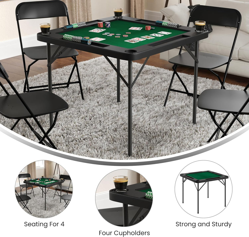 Flash Furniture 34.5" Black Folding Card Game Table | 4-Player, Cup Holders, Green Playing Surface, Portable