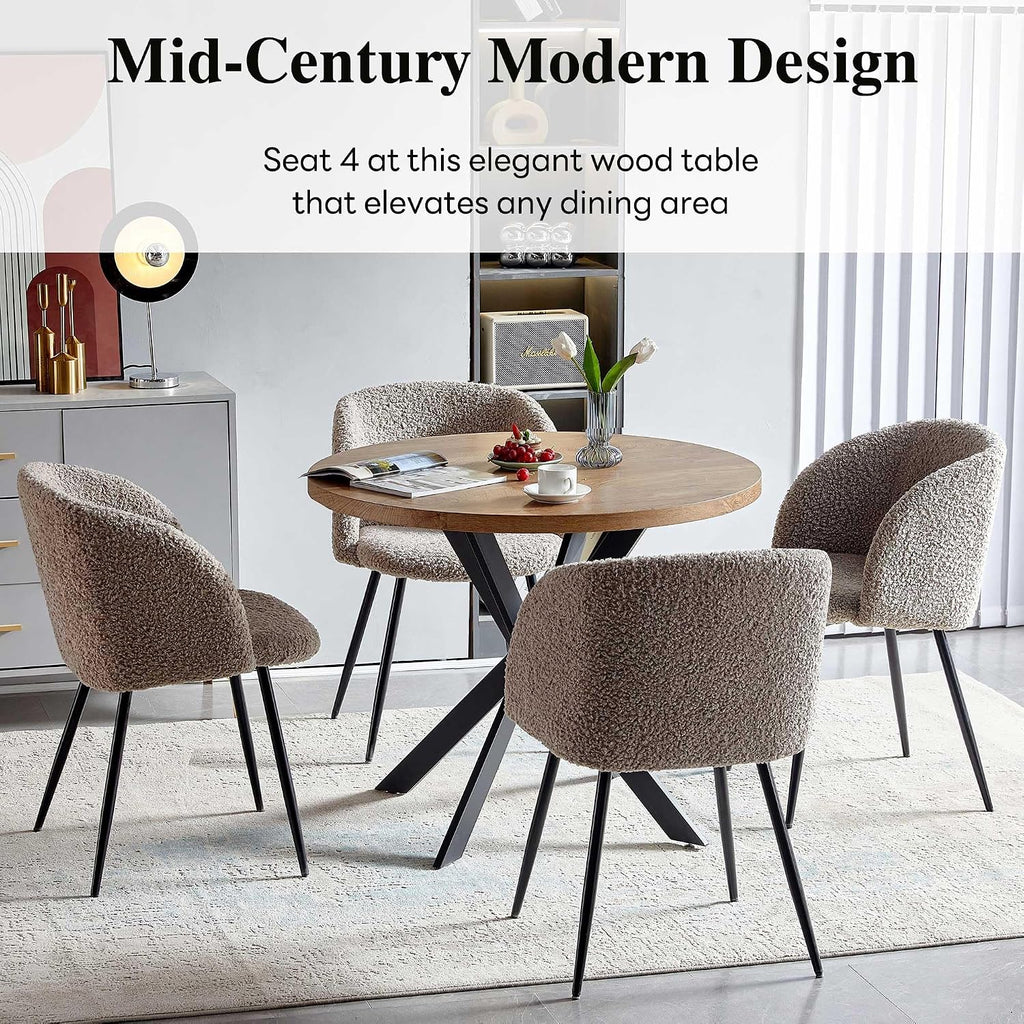 NORDICANA 5 Piece Dining Table and Chair Set, 37-Inch Engineered Wood Round Table Set, Light Brown Fuzzy Sherpa Armchairs with Black Metal Leg for Small Spaces