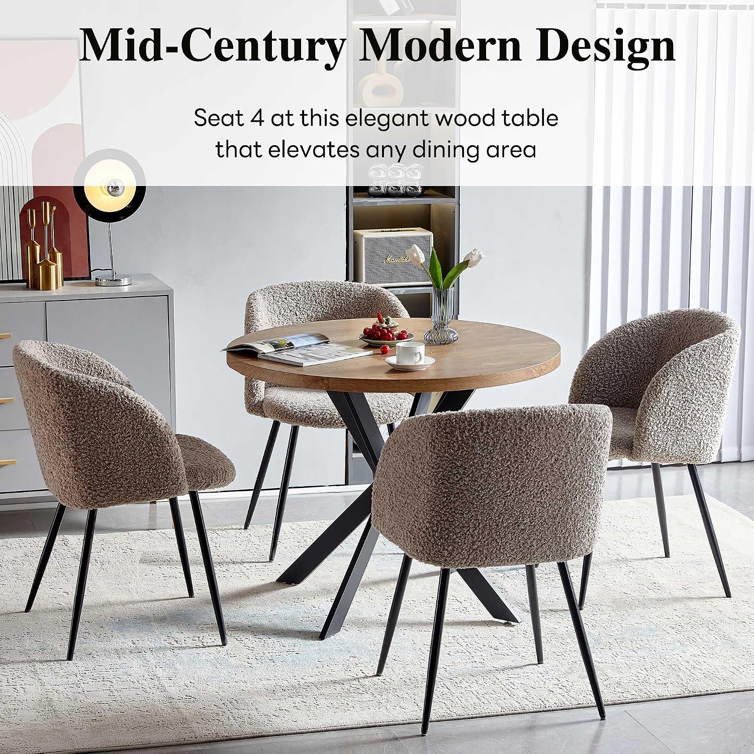 NORDICANA 5 Piece Dining Table and Chair Set, 37-Inch Engineered Wood Round Table Set, Light Brown Fuzzy Sherpa Armchairs with Black Metal Leg for Small Spaces