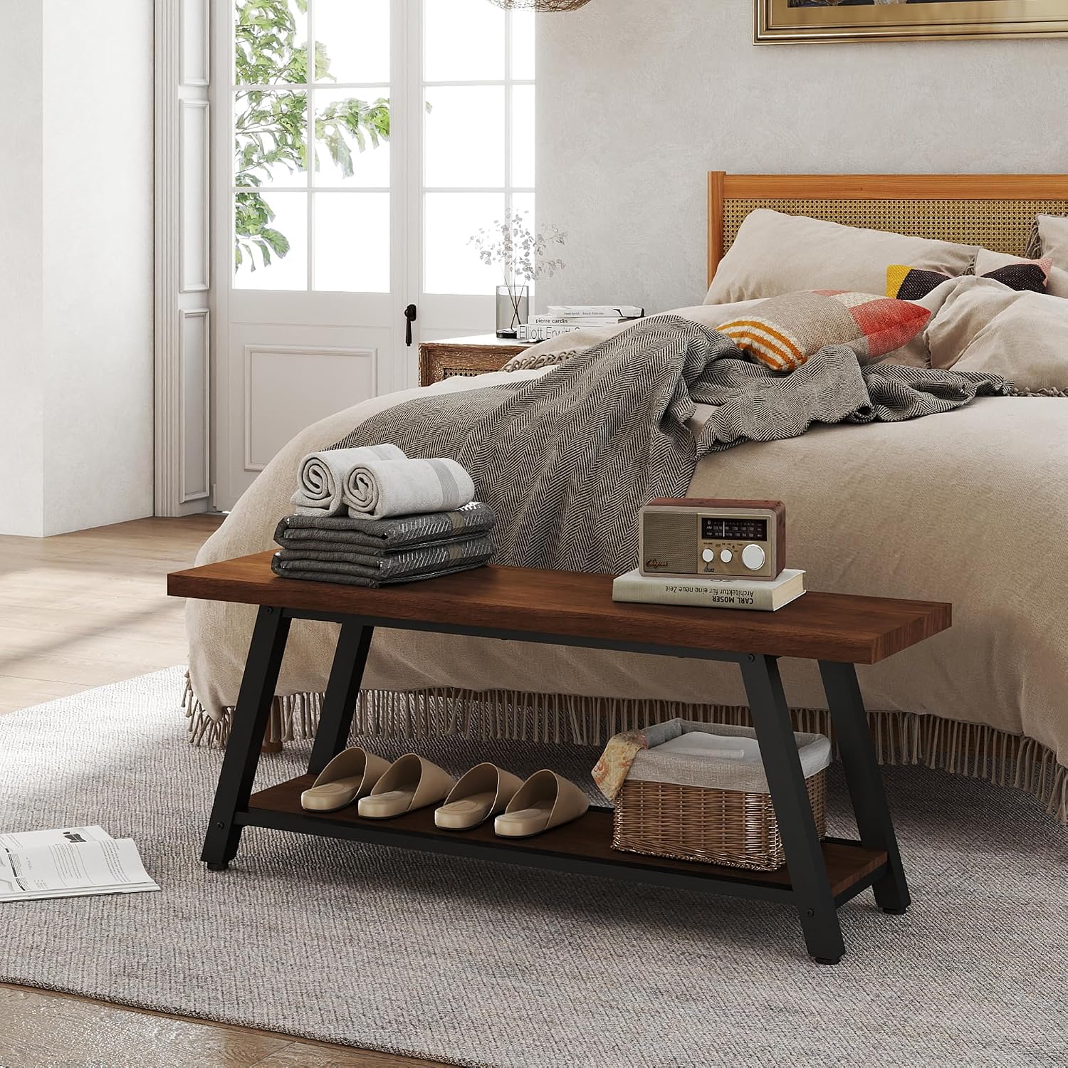 43" Wood Long Modern Farmhouse Entryway Bench, Wood Bedroom End of BedBench, Vintage Mid Century Rustic Style, Perfect for Mudroom, Storage, Living Room, Kitchen Walnut