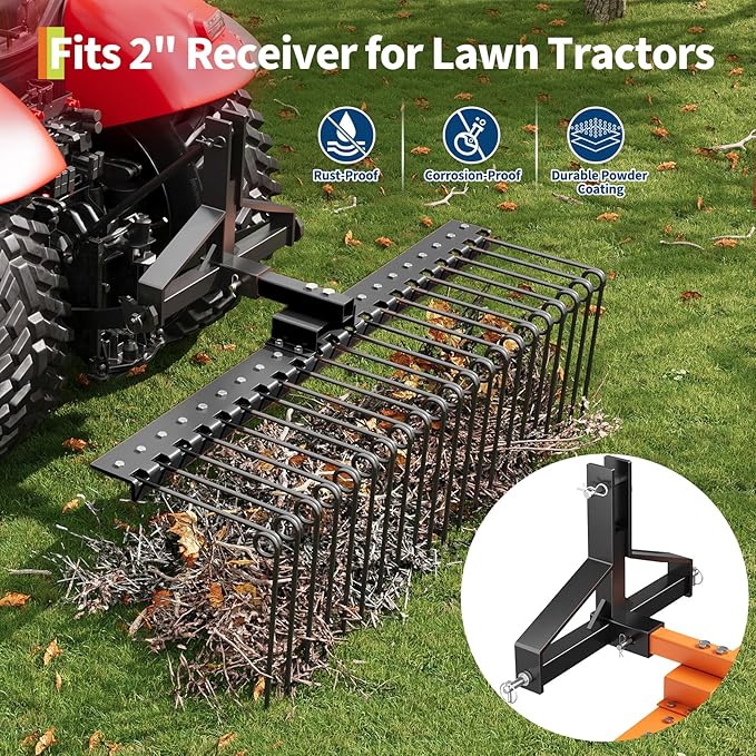 Tow Behind Landscape Rake, 48" Tow Dethatcher with 17 Steel Coil Tines, Lawn Dethatcher Rake Attaches to 48" or 60" Toolbars and 3-Point Suspension Systems, for Leaves, Pine Needles, and Grass, Black