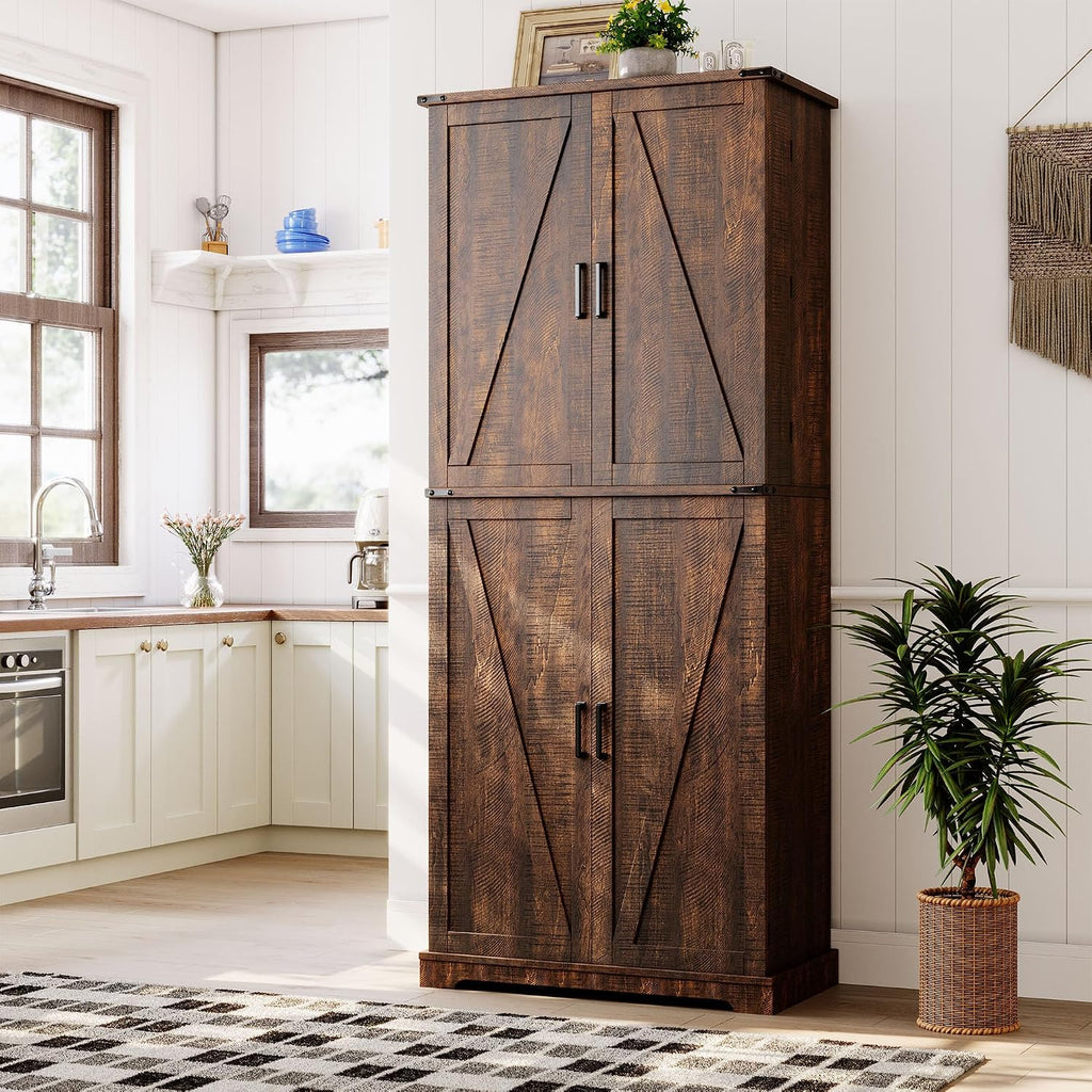 HOMPUS 71" Tall Kitchen Pantry Cabinet with Doors and Drawer, Farmhouse Storage Cabinet with Adjustable Shelves, Rustic Wood Cupboard for Kitchen, Dining Room, Living Room, Bathroom, Rustic Brown
