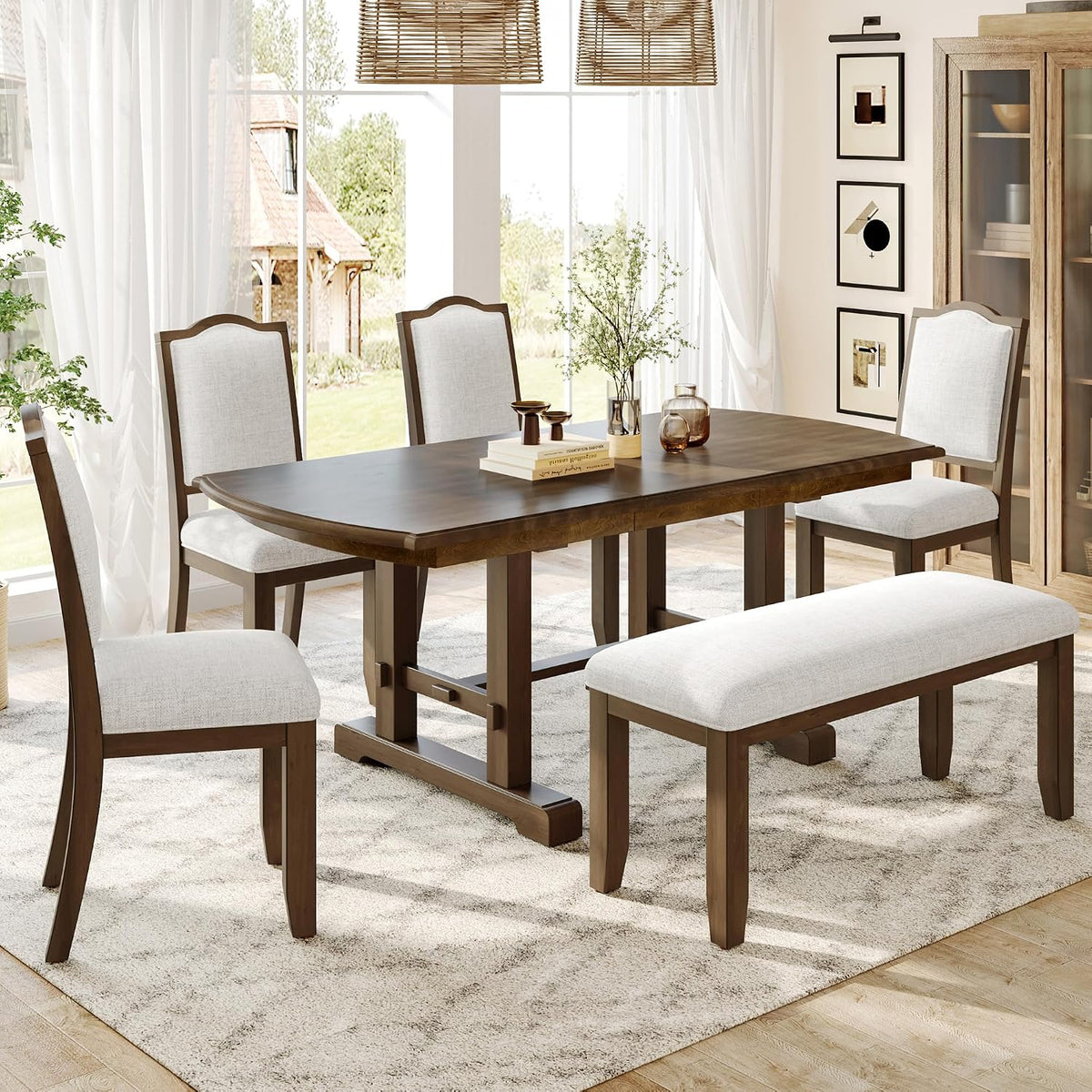 6-Piece Dining Table Set, 60inch to 78inch Extendable Wood Dining Table with Removable Leaf, Kitchen Table Set with 4 Upholstered Side Chair and Bench, Dining Table Set for 6 (Brown)