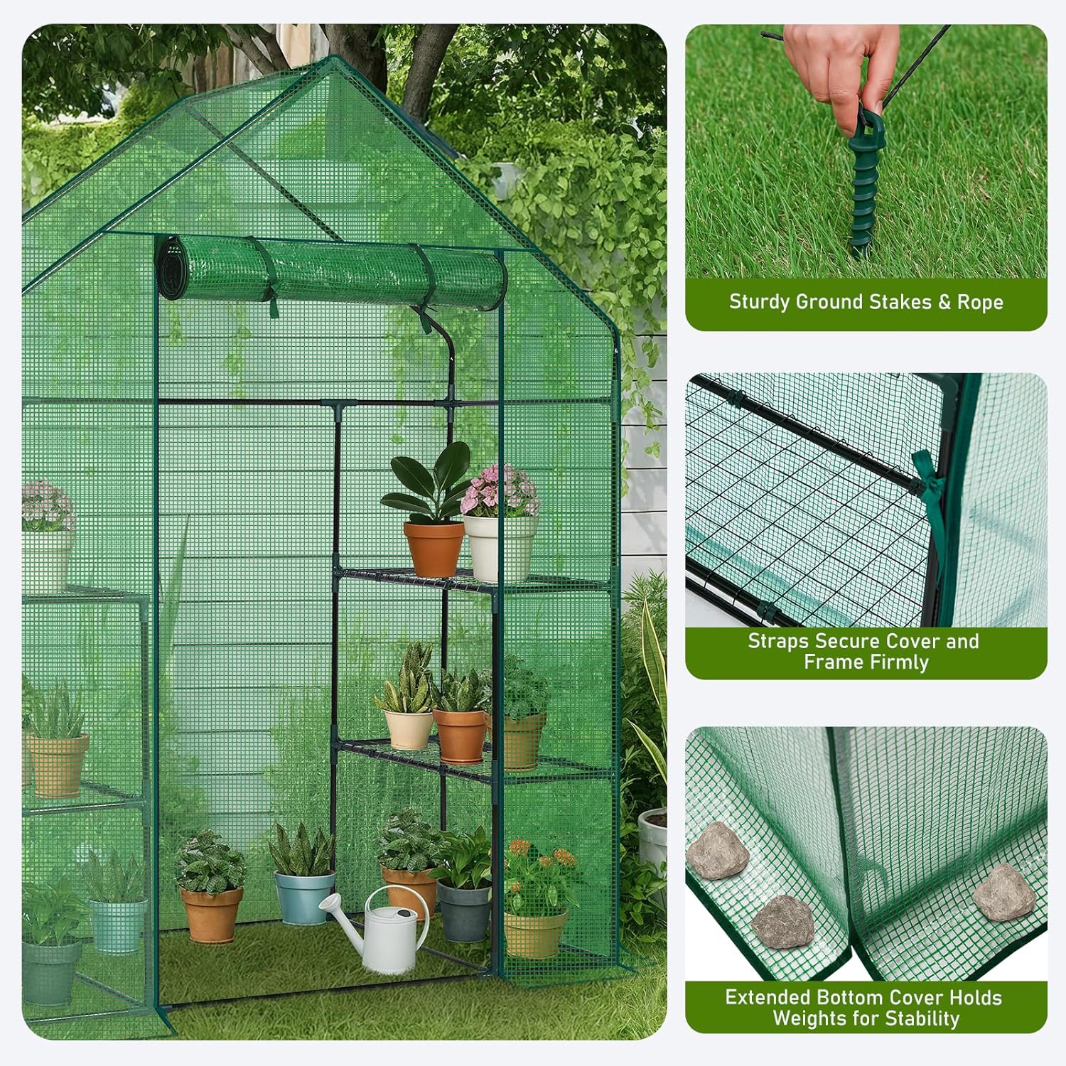 Outvita Walk-in Greenhouse, Outdoor Durable PE Plant Green House for Frost Protection with 3 Tiers 4 Shelves, Shelf Clips, Roll-up Zipper Door, 56"x29"x77" Green