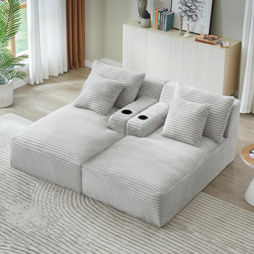 Eafurn Oversized Double Chaise Lounge Indoor with Cup Holders & Side Pocket, 71" Plush Corduroy Floor Chaise Lounge Sofa with High Density Sponge & Deep High Seat Comfy Sleeper Couch Bed