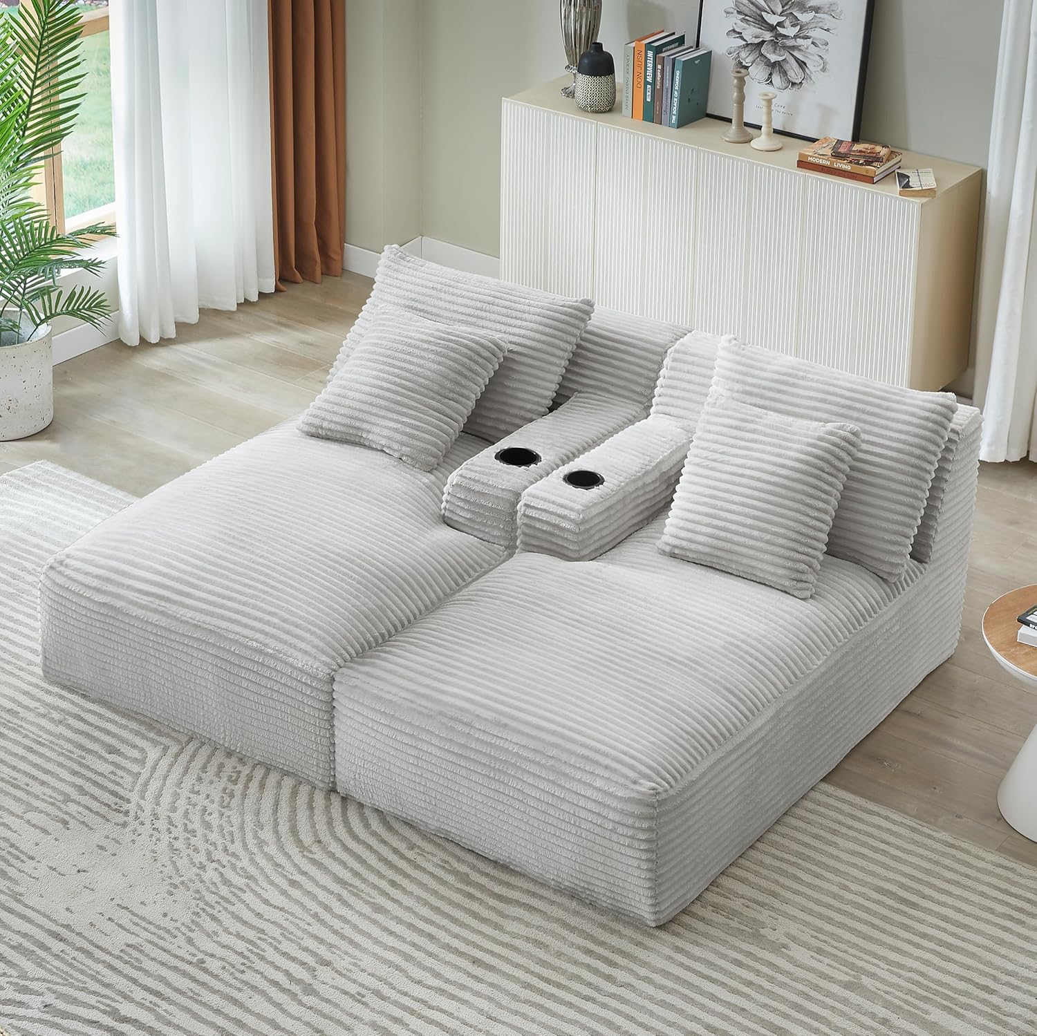 Eafurn Oversized Double Chaise Lounge Indoor with Cup Holders & Side Pocket, 71" Plush Corduroy Floor Chaise Lounge Sofa with High Density Sponge & Deep High Seat Comfy Sleeper Couch Bed