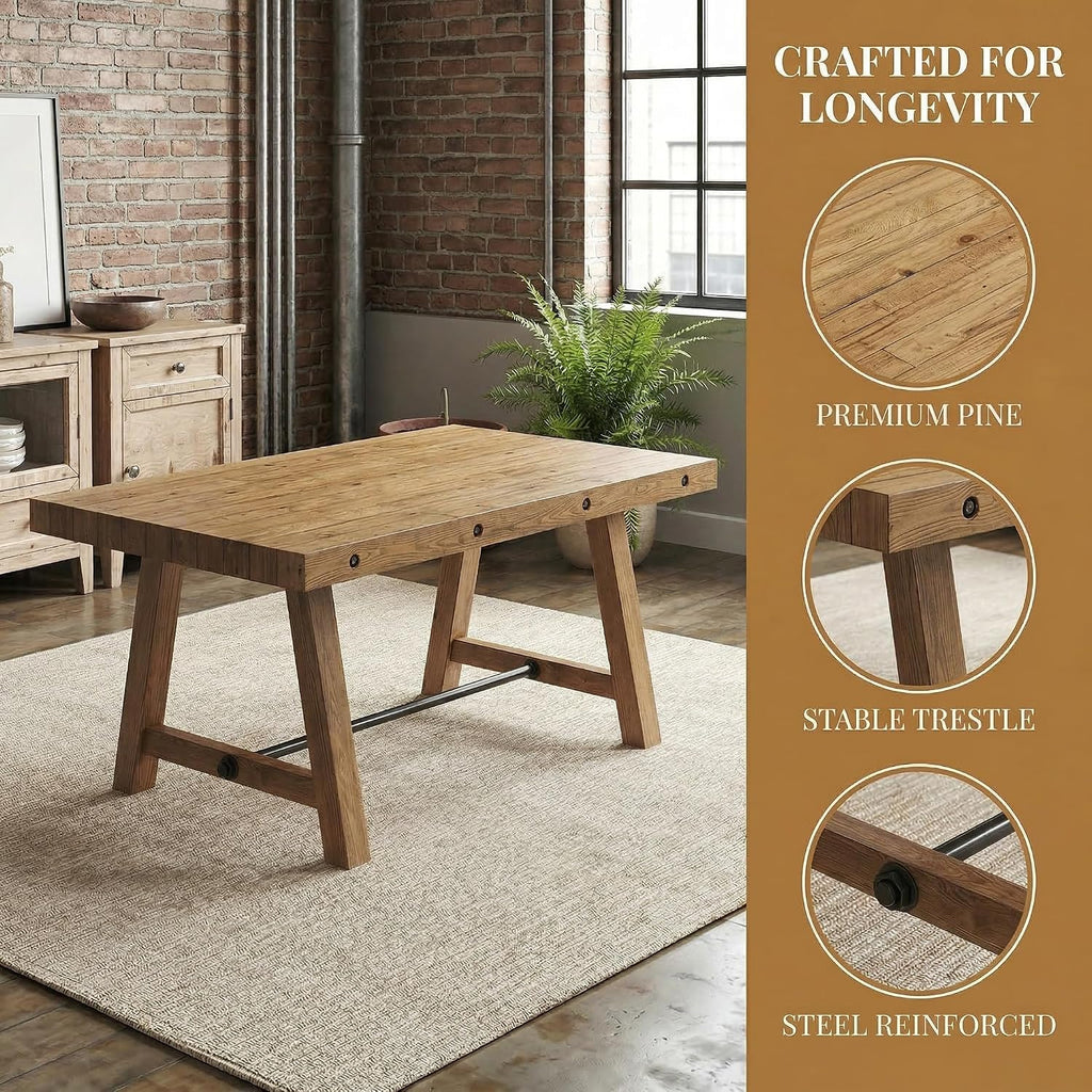 chairus 59'' Farmhouse Dining Table, Solid Wood Rustic Kitchen Table with Metal Stretcher, Large Rectangular Wooden Dining Room Table for Living Room/Home Office, Easy Assembly, Light Walnut