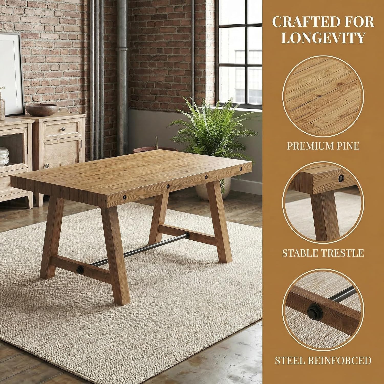 chairus 59'' Farmhouse Dining Table, Solid Wood Rustic Kitchen Table with Metal Stretcher, Large Rectangular Wooden Dining Room Table for Living Room/Home Office, Easy Assembly, Light Walnut