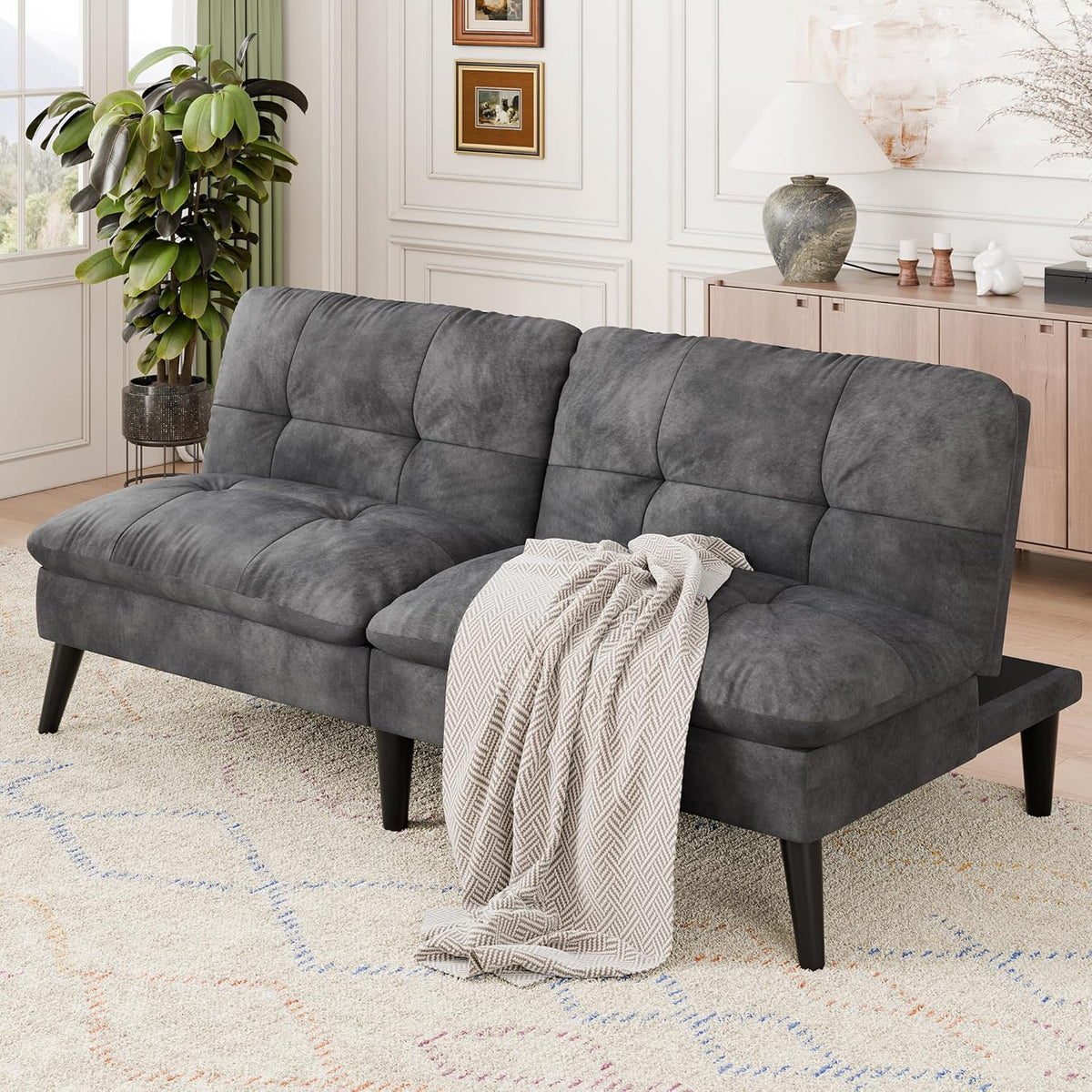 Vongrasig Futon Sofa Bed Velvet Futon Couch with Adjustable Backrest, Small Convertible Folding Sleeper Sofa Bed, Modern Loveseat for Living Room, Bedroom and Small Space, (Gray)