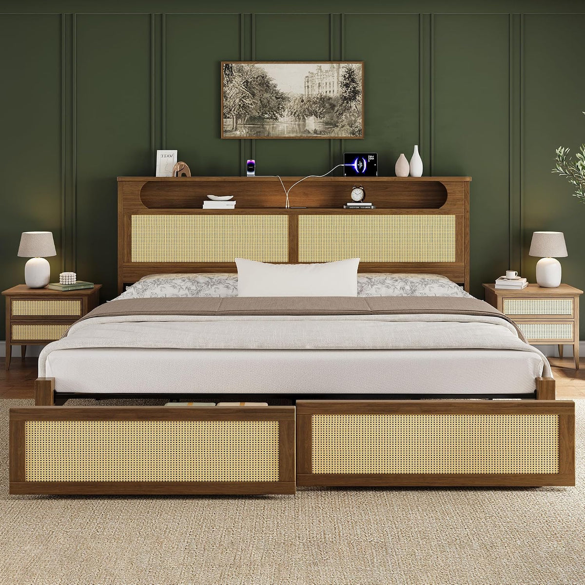 Belffin King Size Rattan Bed Frame with 2 Storage Drawers, Wood Bed, Brown