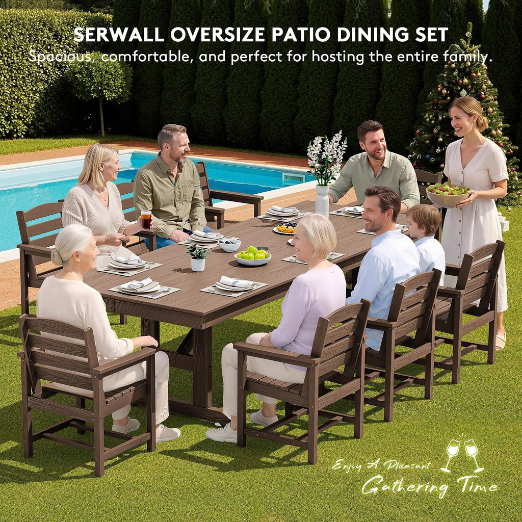 SERWALL 9Pcs 84" HDPE Outdoor Dining Set for 8 with Armchairs,Brown