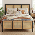 LIKIMIO Queen Bed Frame, Platform Bed Frame with Rattan Headboard